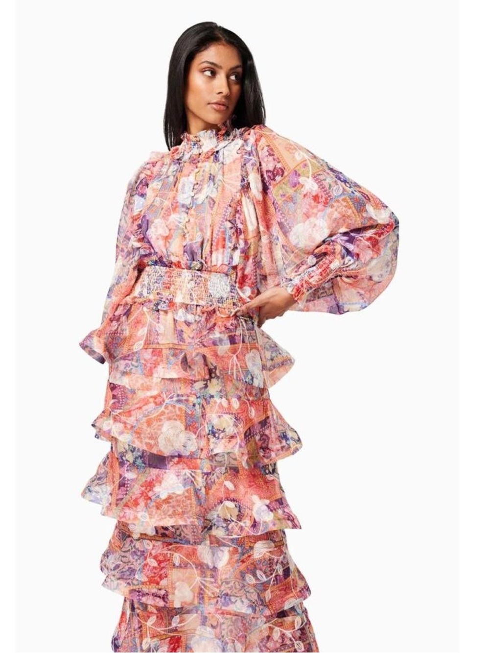Elliatt Pink Floral Ruffle Tiered Midi Dress sz M